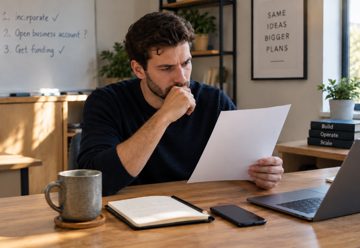 Founder at a desk reading a letter, with incorporate, open business account and get funding written on a whiteboard behind him